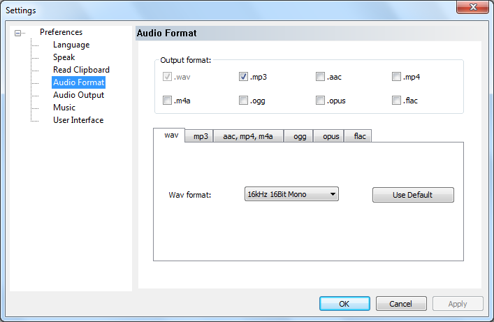 audio format setting dialog