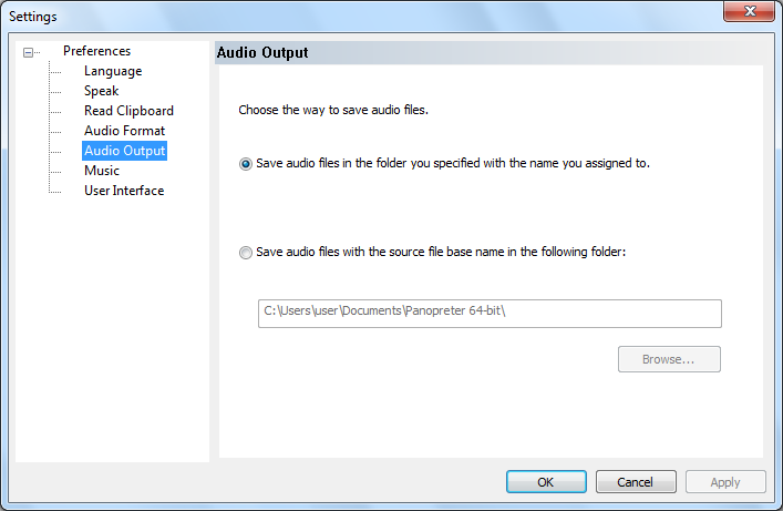 audio output folder setting dialog