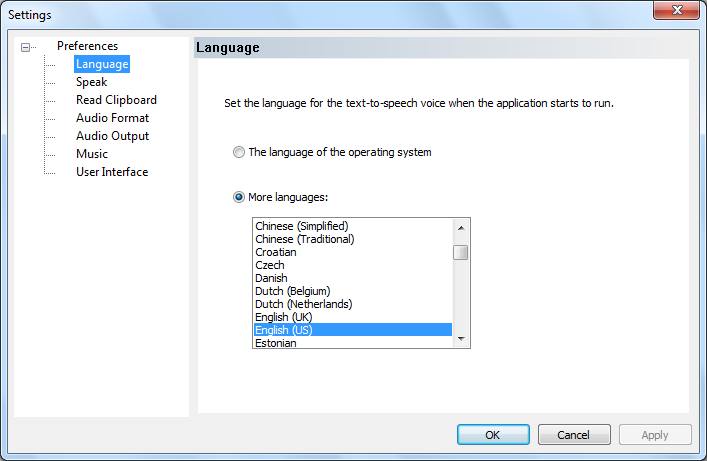 language setting dialog