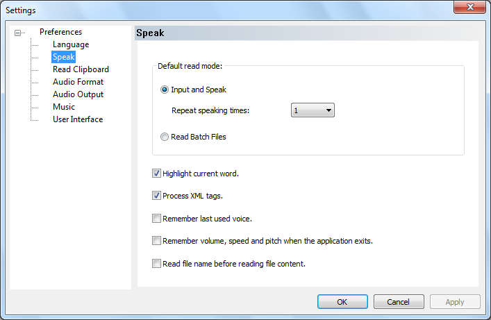 speak setting dialog