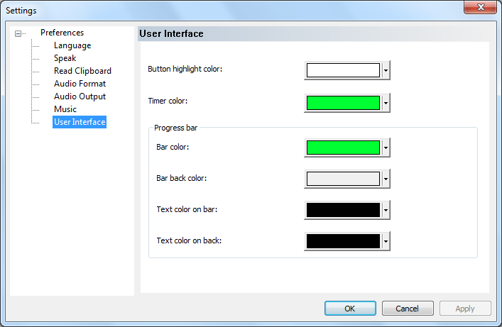 user interface color setting dialog