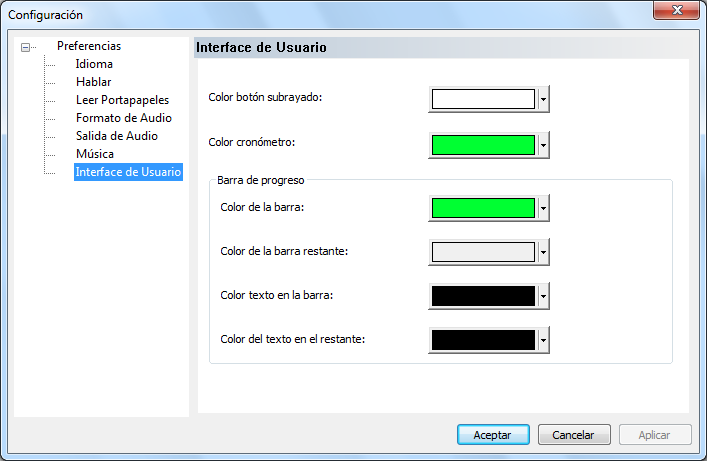 Diálogo de configuración del color de la interfaz del usuario