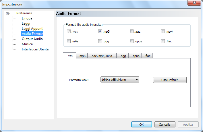 Finestra impostazioni formato audio