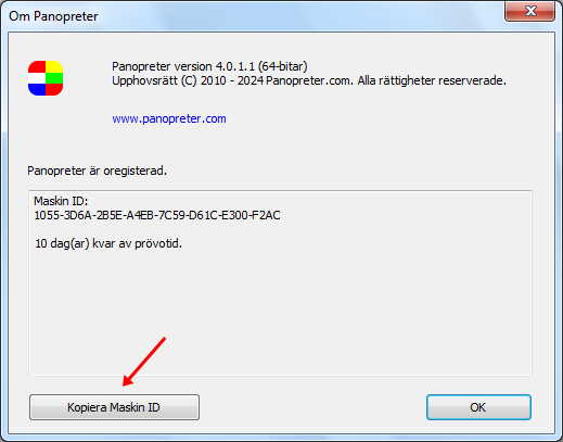 Panopreter Om-dialog