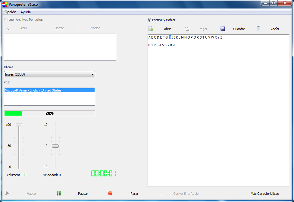 Captura de pantalla del software Panopreter Básico texto a voz